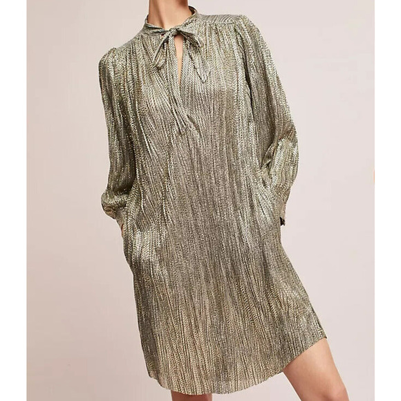 Anthropologie Sabina Musayev Tie Neck Shirt Dress Size XS Gold Metallic Shimmer - Picture 1 of 12